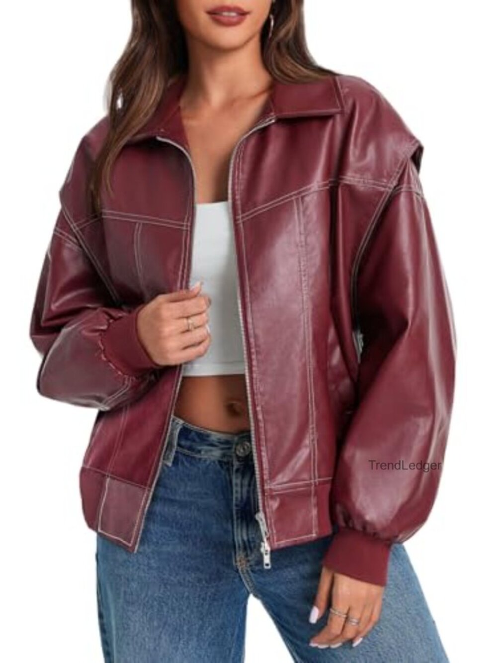 Oversized Faux Leather Bomber Jacket Zip Up Moto Biker Coat
